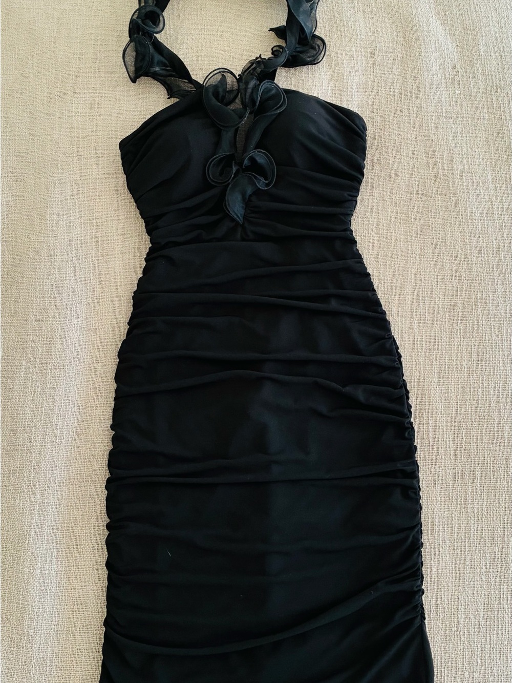 JS Collections Ruched Cocktail Dress with Organza Ruffle